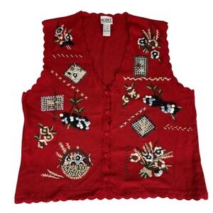 Cottagecore Red Floral Embroidered Button Front Vest‎ Sweater Women's L